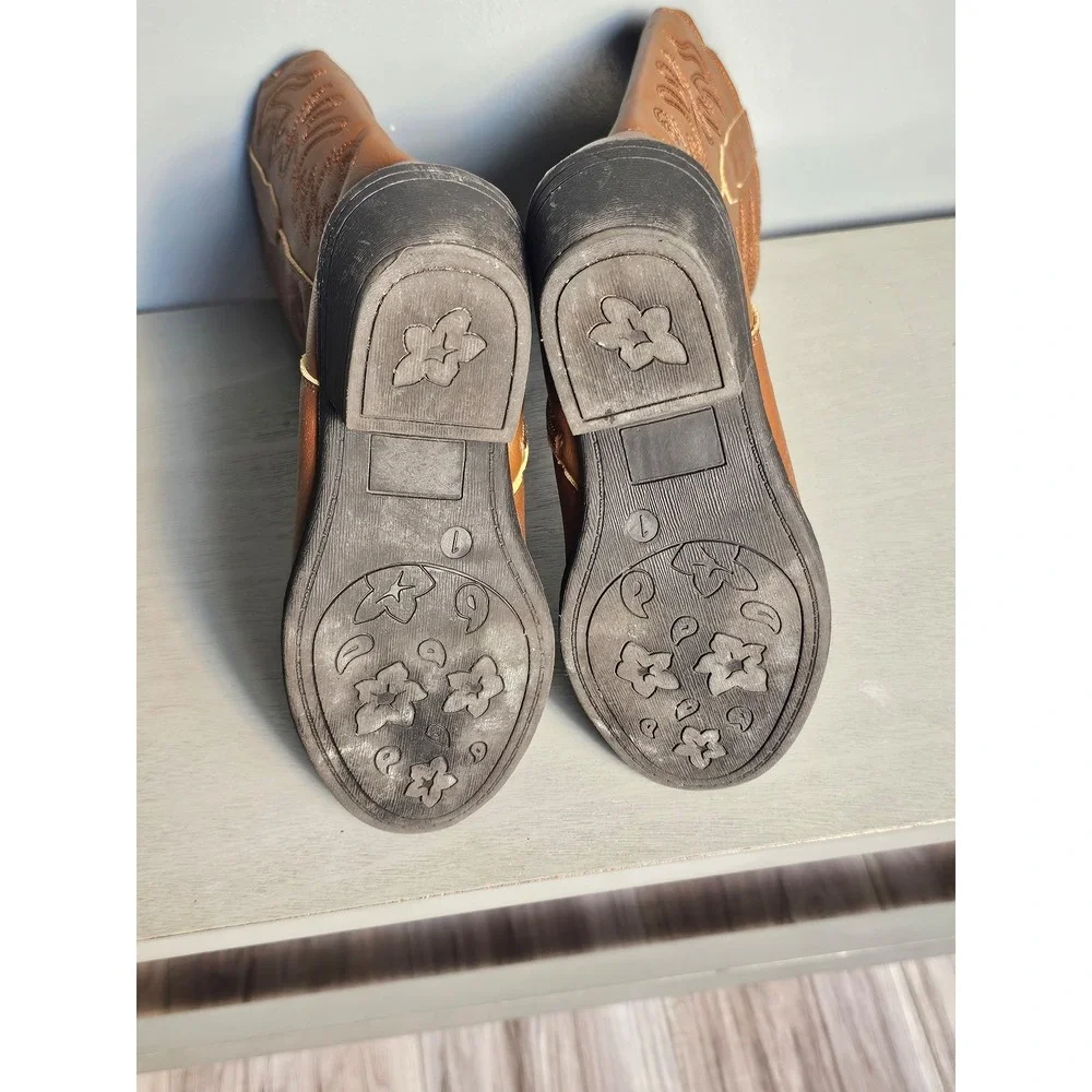 Kids Brown Western Cowboy Boots Side Zip Decorative Stitching Size 1